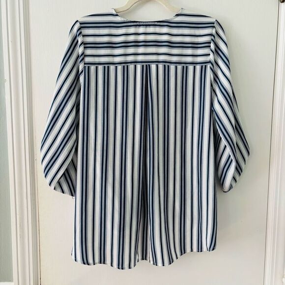 Stitch Fix West Kei tab 3/4 Sleeve High Low Blue & White Striped Blouse Size L - Picture 2 of 8